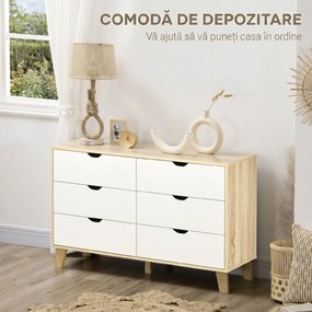 HOMCOM Comodă cu 6 Sertare, Mânere Sculptate și Picioare Trapezoidale, 120x40x76 cm, Lemn Natural | Aosom Romania