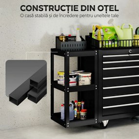 HOMCOM Cărucior pentru Unelte din Oțel cu 7 Sertare, Poliță Laterală Detașabilă, Roți, Capacitate 120kg, Negru | Aosom Romania