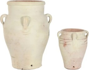 Set 2 amfore decorative din teracotă artizanală, finisaj craft alb-crem, 4 anse, 53×53×72 cm, „Jerba"