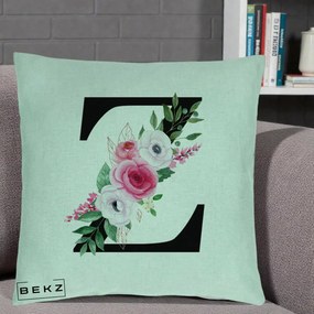 Cadou Personalizat - Perna Personalizata Monograma Florala Litera Z cu Buchet, 40x40 cm, Verde Menta, Husa Detasabila, Perna Inclusa, BEKZ®