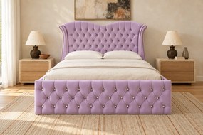 Pat tapițat Chesterfield Avella 140×200 cm, lila, cu ladă de depozitare