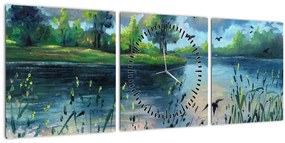 Tablou- Pictură în ulei, seară de vară lângă lac (cu ceas) (90x30 cm)