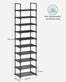 Suport pantofi cu 10 rafturi, metal / plastic, negru, Vasagle