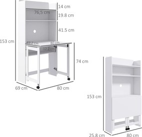 HOMCOM Birou cu Rafturi, Blat Pliabil, 2 Roți și 4 Rafturi, Birou Compact Modern cu Orificiu pentru Cabluri, Masă pentru Computer, Casă Birou Cameră de Studiu, 80x69x155 cm, Alb | Aosom Romania