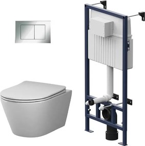 Set vas WC suspendat AM.PM X-Joy S FlashClean cu capac softclose alb lucios, rezervor incastrat si clapeta de actionare crom