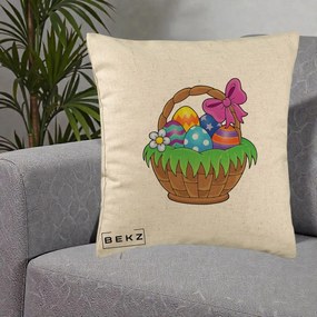 Perna Decorativa Cos cu Oua de Pasti Colorat, 40x40 cm, Bej, Husa Detasabila, Perna Inclusa, BEKZ®