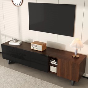 Dulap TV modern cu 4 uși, spațiu mare de depozitare, design vintage, 180x38x50 cm, Negru+Culoare naturală