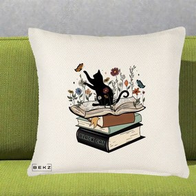 Perna Personalizata Pisica Neagra Carti Flori Fluturi, 40x40 cm, Crem Reliefat, Husa Detasabila, Perna Inclusa, BEKZ®