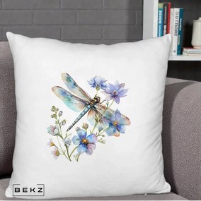 Perna Decorativa Libelula Acuarela Flori Albastre, 40x40 cm, Alb Pufos, Husa Detasabila, Perna Inclusa, BEKZ®