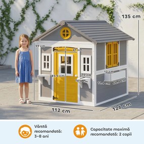 Outsunny Căsuță din Lemn pentru Copii 3-8 Ani, Căsuță de Grădină cu Ferestre, Acoperiș Înclinat, Ghivece și Jardiniere, Gri, Galben, Alb | Aosom Romania