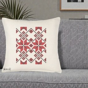 Perna Personalizata Motiv Traditional Cusatura Rosu-Negru, 40x40 cm, Crem Reliefat, Husa Detasabila, Perna Inclusa, BEKZ®
