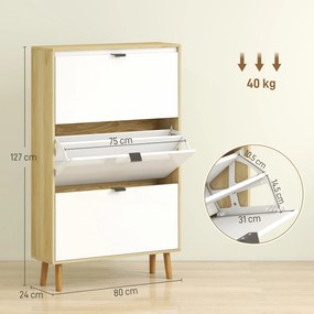 HOMCOM Dulap de pantofi subțire modern cu 3 sertare rabatabile pentru 24 de perechi de pantofi, Alb | Aosom Romania