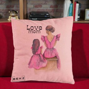 Cadou pentru Mama - Perna Personalizata Love Mom Rochii Roz, 40x40 cm, Roz, Husa Detasabila, Perna Inclusa, BEKZ®