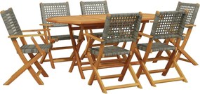 vidaXL Set masă pentru grădină, 7 piese, gri, poliratan/lemn masiv