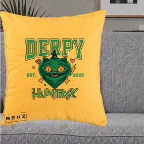 Perna Personalizata K-pop HUNTRX Derpy Pisica Albastra, 40x40 cm, Galben, Husa Detasabila, Perna Inclusa, BEKZ®