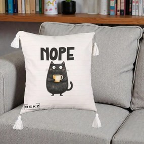 Perna Decorativa NOPE Pisica Neagra Cafea, 40x40 cm, Bej cu Franjuri, Husa Detasabila, Perna Inclusa, BEKZ®