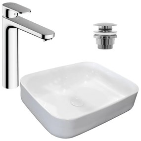 Pachet lavoar pe blat Rea Demi Slim alb 51 cm, baterie lavoar Hansgrohe Vernis Blend crom si ventil lavoar Click-Clack crom