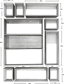Etajeră de perete din lemn de pin, modulară, natur, set de 9 piese, cu cadre deschise, aspect rustic, 120 x 87 x 11,5 cm, „Sarlat”