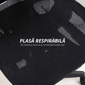HOMCOM Scaun de Birou Ergonomic din Plasă cu Cotiere, Tetieră, Spătar Reglabil, Funcție Legănare, Negru | Aosom Romania