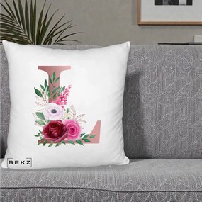 Cadou Personalizat - Perna Personalizata Monograma Rose Gold Litera L, 40x40 cm, Alb Pufos, Husa Detasabila, Perna Inclusa, BEKZ®