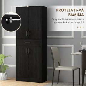 HOMCOM Dulap Bucătărie Înalt cu 4 Uși, Sertar Mare, Polițe Reglabile, 70,8 x 34 x 180 Cm, Negru | Aosom Romania