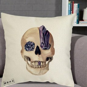 Perna Decorativa Craniu cu Cristale de Ametist, 40x40 cm, Ecru, Husa Detasabila, Perna Inclusa, BEKZ®