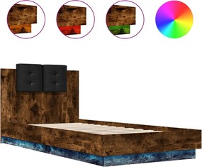 vidaXL Cadru de pat cu tăblie și LED, stejar fumuriu, 100x200 cm