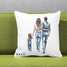 Cadou pentru Familie - Perna Personalizata Familie Acuarela Jeans, 40x40 cm, Alba Mata, Husa Detasabila, Perna Inclusa, BEKZ®