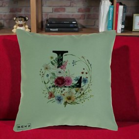 Cadou Personalizat - Perna Personalizata Monogram Litera L cu Flori Acuarela, 40x40 cm, Verde, Husa Detasabila, Perna Inclusa, BEKZ®