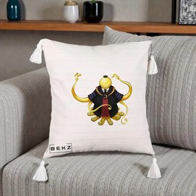 Perna Personalizata Assassination Classroom Koro-sensei, 40x40 cm, Bej cu Franjuri, Husa Detasabila, Perna Inclusa, BEKZ®