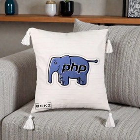 Perna Personalizata PHP Elephant, 40x40 cm, Bej cu Franjuri, Husa Detasabila, Perna Inclusa, BEKZ®