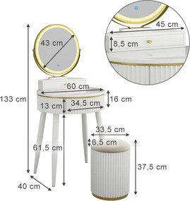 Masuta machiaj cu Oglinda LED si 1 Sertar pentru Cosmetice, Set Masa toaleta 60 cm, Alb, masuta cosmetica, vanity - SEA459
