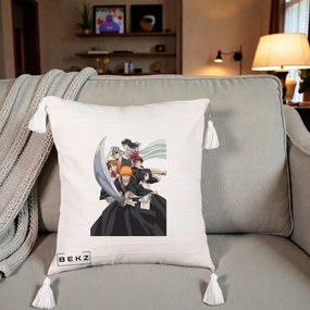 Perna Personalizata Bleach Grup Complet Ichigo si Prietenii, 40x40 cm, Bej cu Franjuri, Husa Detasabila, Perna Inclusa, BEKZ®