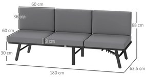 Outsunny Canapea de Grădină 3 în 1 Convertibilă și Reglabilă în 5 Poziții cu Perne, 180x63.5x68 cm, Gri | Aosom Romania