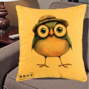 Perna Decorativa Pui cu Palarie Rotunda, 40x40 cm, Galben, Husa Detasabila, Perna Inclusa, BEKZ®