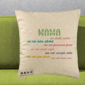 Cadou pentru Mama - Perna Personalizata Mama Cel Dintai Cuvant cu Text Colorat Multicolor, 40x40 cm, Bej, Husa Detasabila, Perna Inclusa, BEKZ®