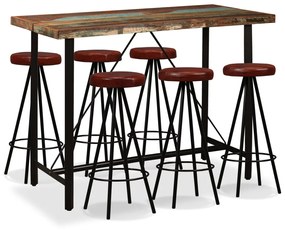 Set mobilier bar, 7 piese lemn masiv reciclat si piele naturala