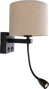 Wandlamp zwart met flexarm en kap beige van teddy stof 18cm - Brescia Combi