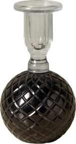 Sfeșnic din sticlă neagră cu bază sferică cu reliefuri romboidale și suport cilindric transparent, finisaj lucios, 16×9 cm, „Verelune"
