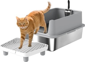 PawHut Tavă XL pentru litieră din oțel inoxidabil, Pereți laterali înalți, Pedală și covoraș filtrant, Lopată, 60,2x40,2x29,6cm, Gri | Aosom Romania