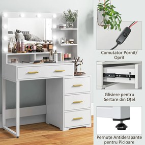 HOMCOM Masă de Machiaj Albă cu Oglindă, 4 Sertare și 6 Rafturi Deschise 100x40x138 cm | Aosom Romania