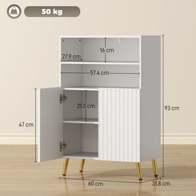 HOMCOM Dulap de Baie cu 2 Rafturi Deschise și Dulap, Dulap Compact cu Uși Amortizate, Raft Reglabil, pentru Bucătărie Living, 60x31.8x93 cm, Alb | Aosom Romania