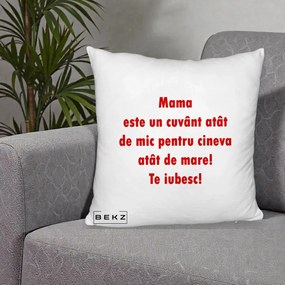 Cadou pentru Mama - Perna Personalizata Mama Cuvant Mic, 40x40 cm, Alb Pufos, Husa Detasabila, Perna Inclusa, BEKZ®