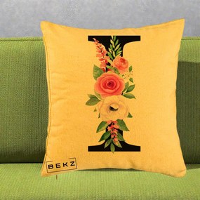 Cadou Personalizat - Perna Personalizata Monograma Florala Litera I, 40x40 cm, Galben, Husa Detasabila, Perna Inclusa, BEKZ®