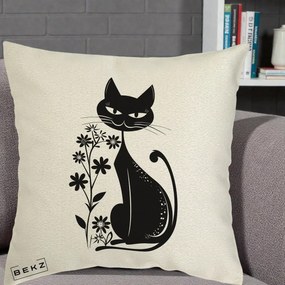 Perna Decorativa Pisica Neagra Grafica Minimalista, 40x40 cm, Ecru, Husa Detasabila, Perna Inclusa, BEKZ®