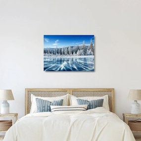 Tablou pe sticlă cu lacul înghețat și copacii înzăpeziți (70x50 cm)