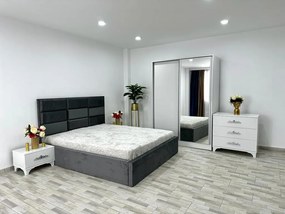 Dormitor complet Roma, culoare gri / alb, cu pat Roma 160 x 200 cm, dressing Erika, 2 noptiere si comoda Viena