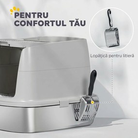 PawHut Litieră Închisă pentru Pisici din Oțel Inoxidabil, cu Capac Rabatabil, Acces Dublu și Paletă, Gri Deschis | Aosom Romania