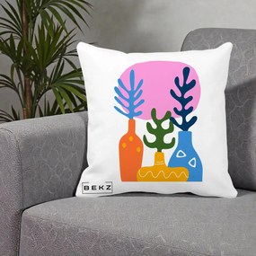 Perna Decorativa Vaze Botanice Abstract, 40x40 cm, Alba Mata, Husa Detasabila, Perna Inclusa, BEKZ®