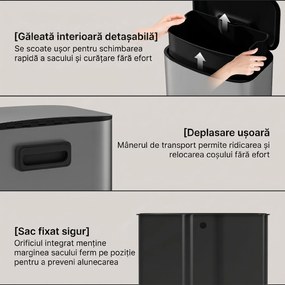HOMCOM Coș de Gunoi cu Pedală de 50L cu Capac Amortizat, Deschidere la 90° și Găleată Detașabilă, Oțel Inoxidabil, Gri | Aosom Romania